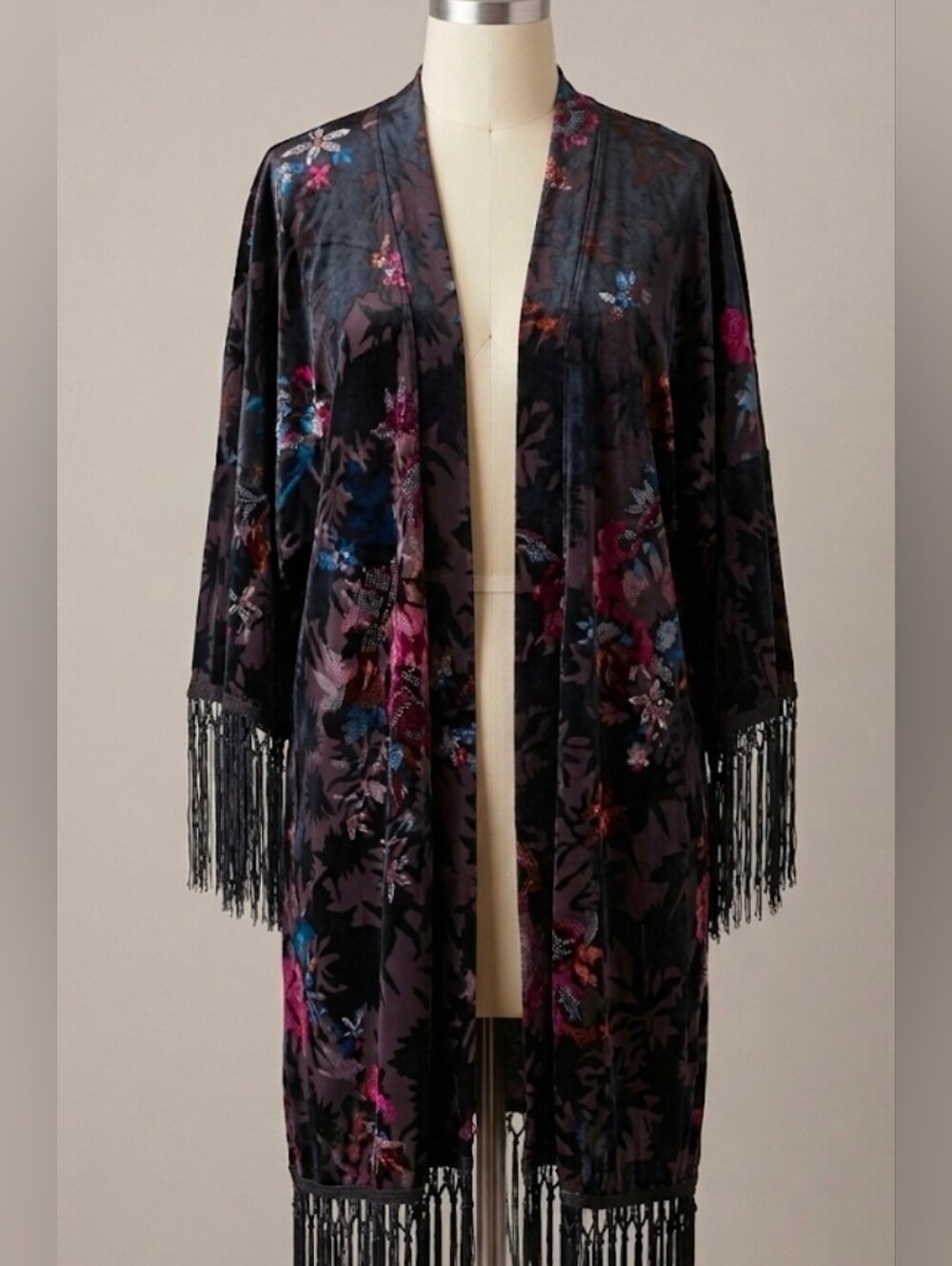 Black Floral Velvet Burnout Fringe Kimono Duster Cardigan Open Front Top Women